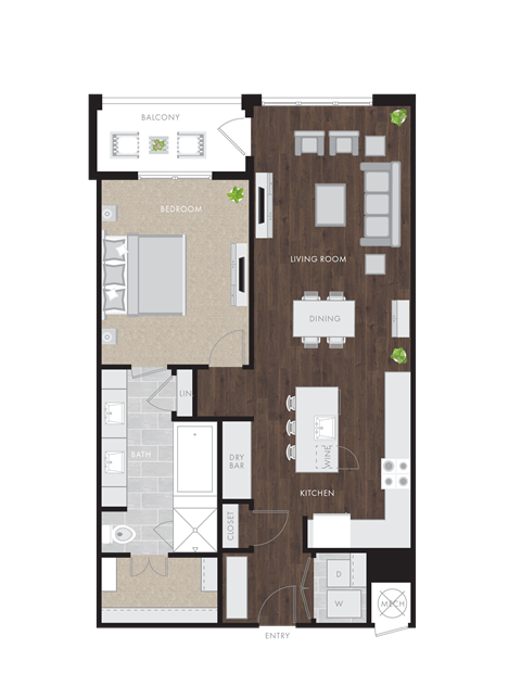 Floor plan for 1 bed, 1 bath, 1046 sqft
